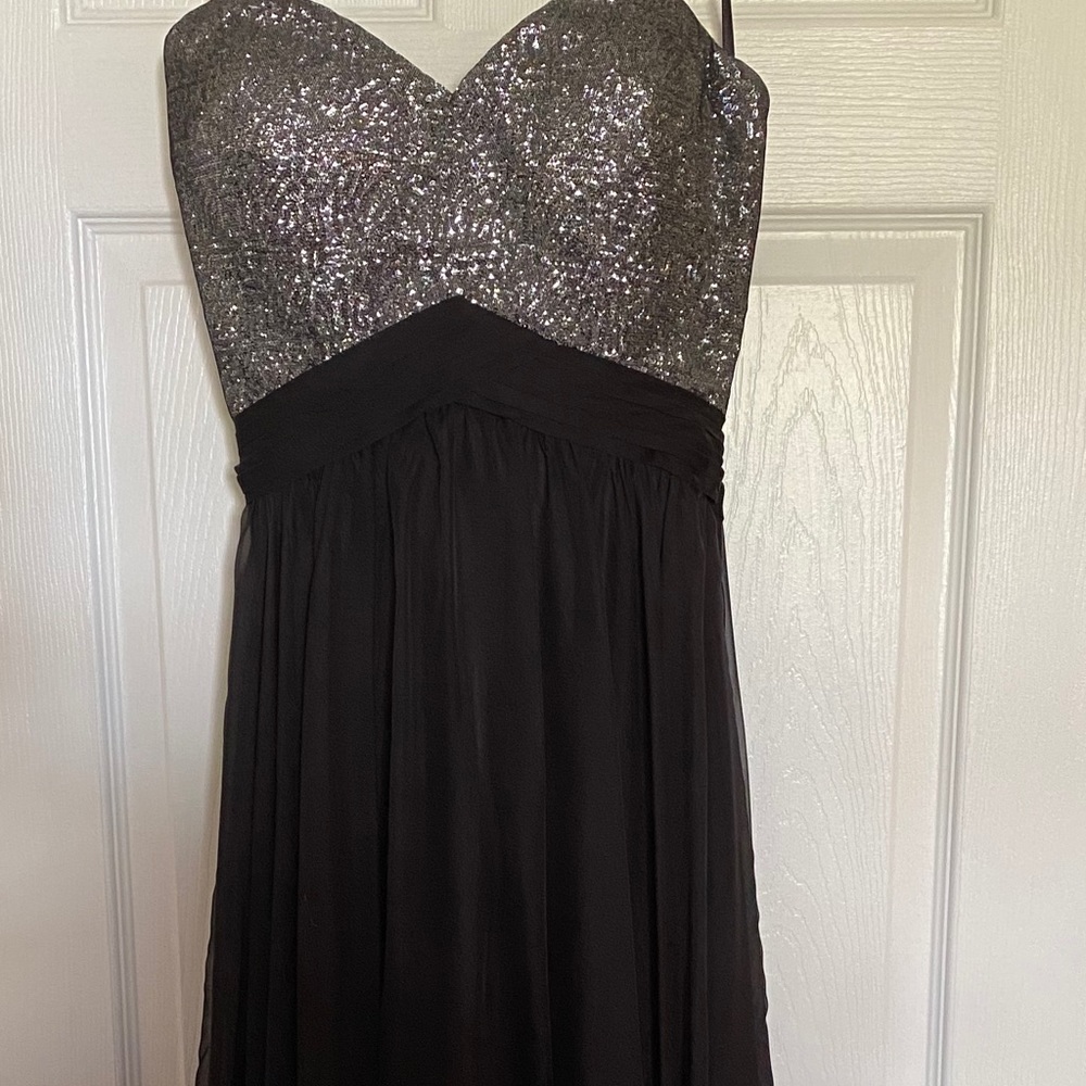 La Femme Strapless Black Chiffon & Silver Dress